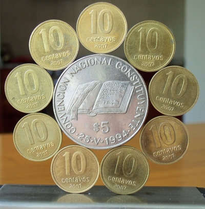 Standing nonagonal   rose / mandala of coins of  Argentina  (centre: 5 pesos 1994,ring: 10 centavos 2007)            